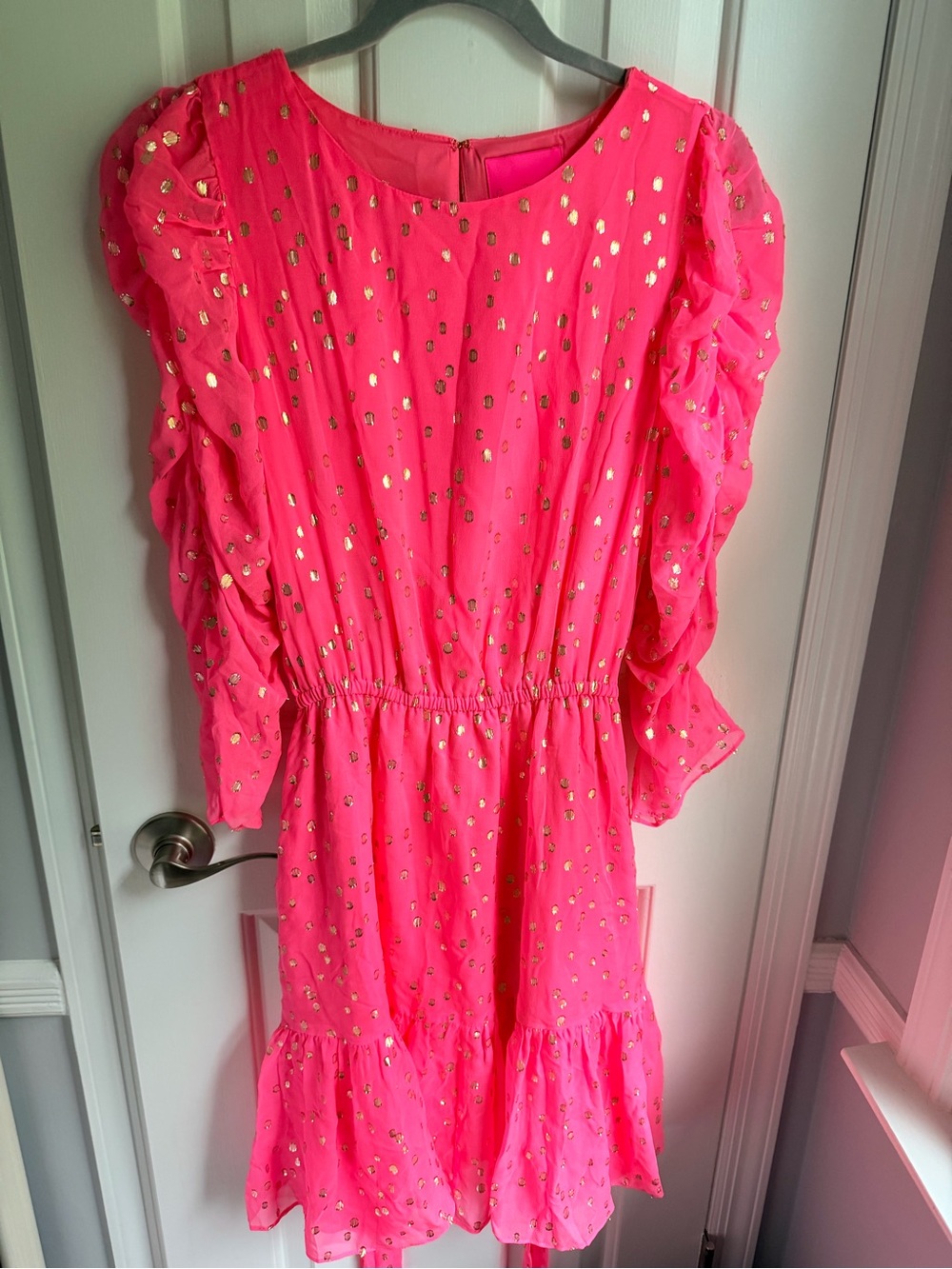 Lily Pulitzer Hot Pink Ruffle Sleeve Shift Dress with Gold Foil Dots